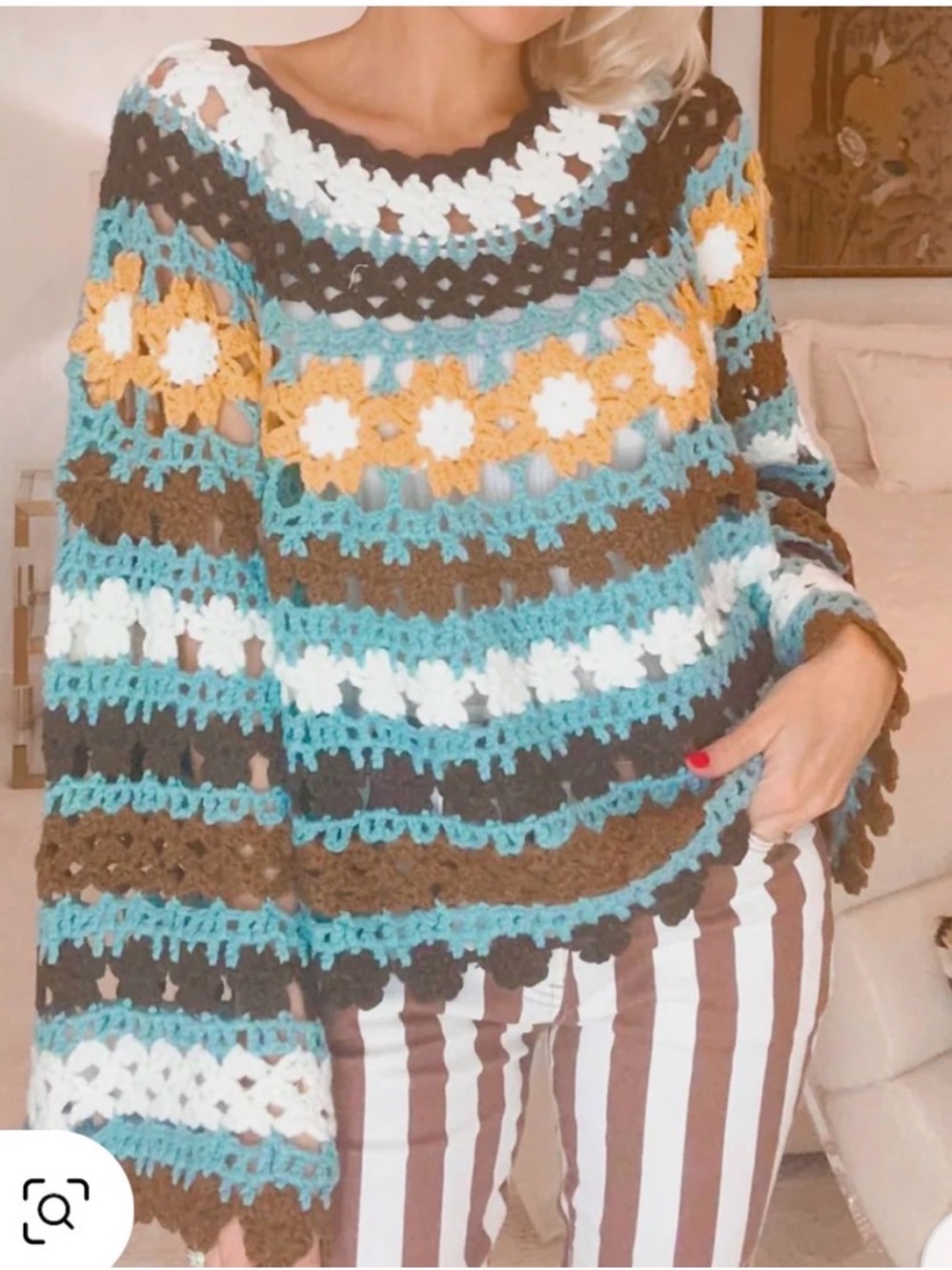 POL Crochet Striped Sweater in Teal, Brown & White with Mustard Accents